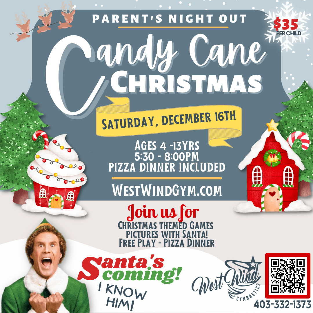 candy cane Christmas - Santa is Coming 2023 (1) Join us for a night of Super Mario and Friends fun at West Wind Gymnastics Club! Parents, enjoy a night out while your kids have a blast with Mario, Luigi, Peach, and Toad! Our gymnastics club will transform into the Mushroom Kingdom with themed games, activities, and pizza for all. Don't miss out on this epic adventure! Register now and let the fun begin.